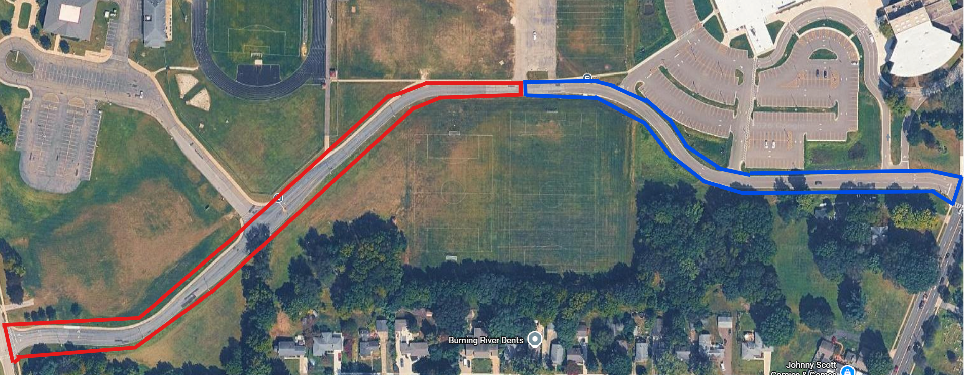An arial photo or Roosevelt Drive, with the west half highlighted in red, and the east half highlighted in blue.
